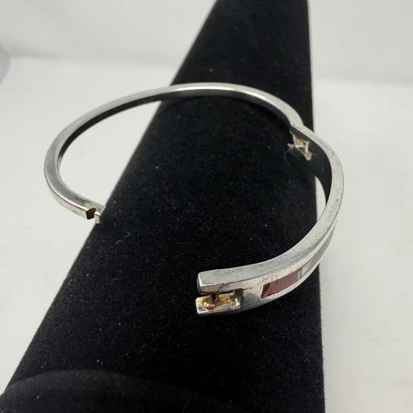 Vintage Mexico 925 Sterling Silver Abalone Red Shell Inlay Hinged Cuff Bracelet - Picture 6 of 16
